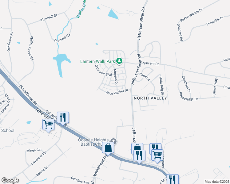 map of restaurants, bars, coffee shops, grocery stores, and more near 132 Alice Walker Drive in Athens