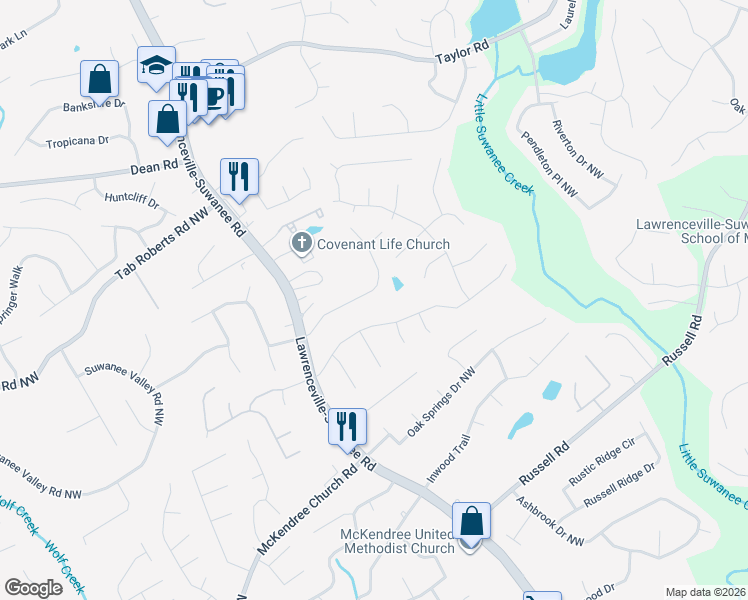 map of restaurants, bars, coffee shops, grocery stores, and more near 465 Suwanee East Drive in Lawrenceville