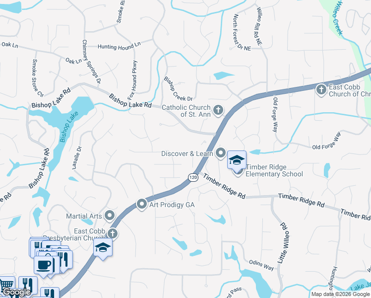 map of restaurants, bars, coffee shops, grocery stores, and more near 4862 Bishop Lake Road in Marietta