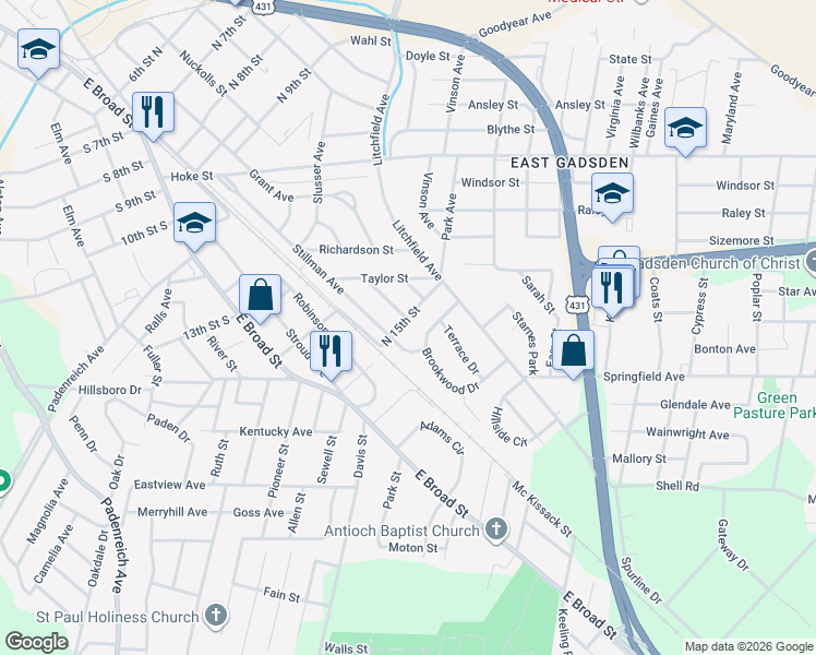 map of restaurants, bars, coffee shops, grocery stores, and more near 1323 Barksdale Street in Gadsden