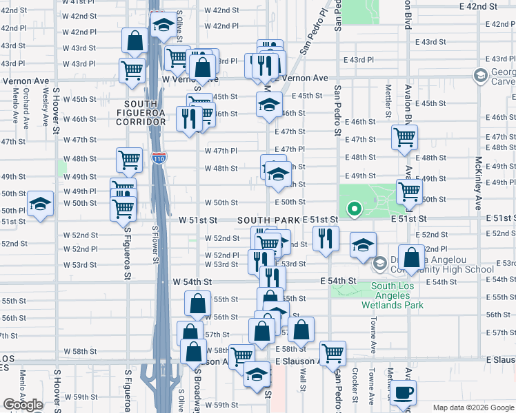 map of restaurants, bars, coffee shops, grocery stores, and more near 129 West 50th Street in Los Angeles