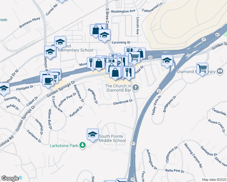 map of restaurants, bars, coffee shops, grocery stores, and more near 1219 Glenclaire Drive in Walnut