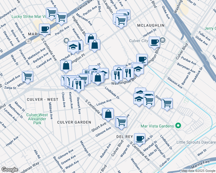 map of restaurants, bars, coffee shops, grocery stores, and more near 12046 West Washington Boulevard in Los Angeles