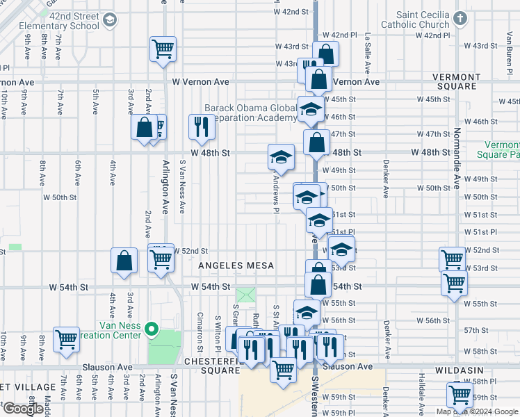 map of restaurants, bars, coffee shops, grocery stores, and more near 1827 West 51st Street in Los Angeles