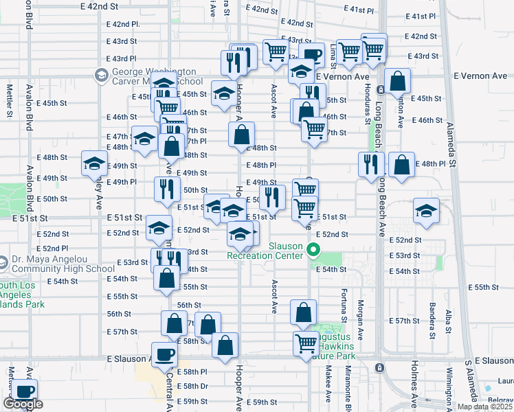 map of restaurants, bars, coffee shops, grocery stores, and more near 1346 East 50th Street in Los Angeles