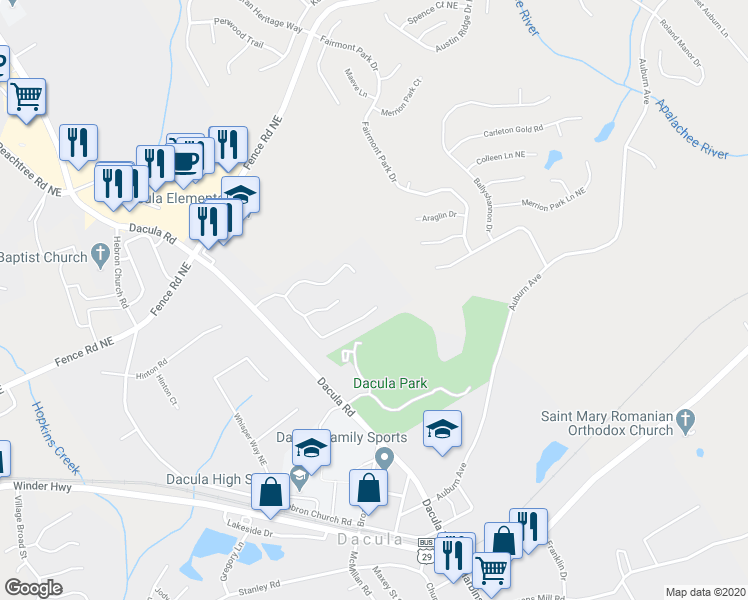 map of restaurants, bars, coffee shops, grocery stores, and more near 2760 Freemans Walk Drive in Dacula