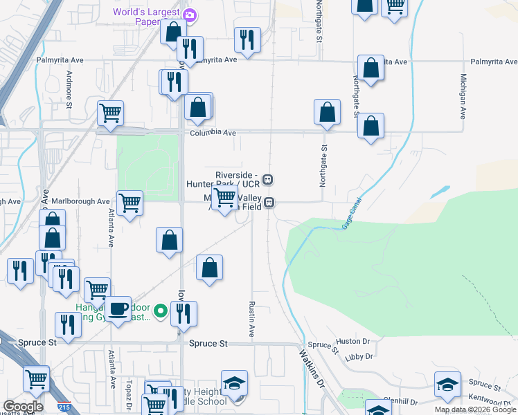map of restaurants, bars, coffee shops, grocery stores, and more near 1080 Marlborough Avenue in Riverside