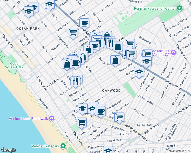 map of restaurants, bars, coffee shops, grocery stores, and more near 614 6th Avenue in Los Angeles