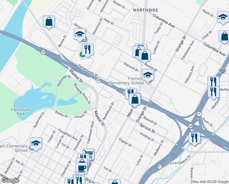 map of restaurants, bars, coffee shops, grocery stores, and more near 3811 Carthage Street in Riverside
