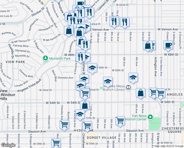 map of restaurants, bars, coffee shops, grocery stores, and more near 5010 11th Avenue in Los Angeles