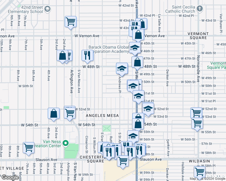 map of restaurants, bars, coffee shops, grocery stores, and more near 1827 West 51st Street in Los Angeles