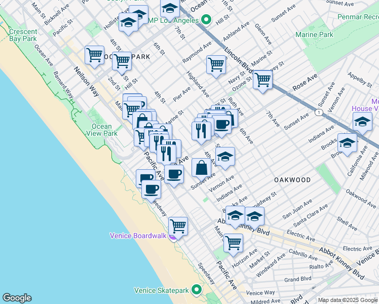 map of restaurants, bars, coffee shops, grocery stores, and more near 258 3rd Avenue in Los Angeles