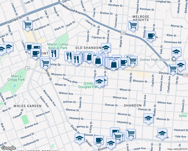 map of restaurants, bars, coffee shops, grocery stores, and more near 619 King Street in Columbia