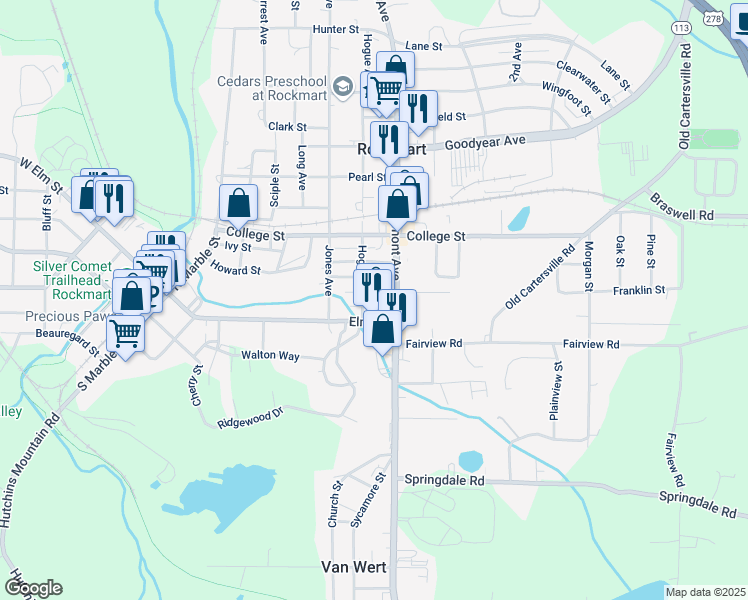 map of restaurants, bars, coffee shops, grocery stores, and more near 609 Jackson Street in Rockmart