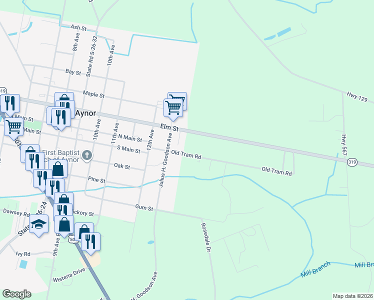 map of restaurants, bars, coffee shops, grocery stores, and more near 2501 Old Tram Road in Aynor