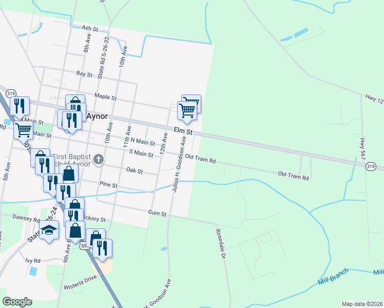 map of restaurants, bars, coffee shops, grocery stores, and more near 2501 Old Tram Rd in Aynor