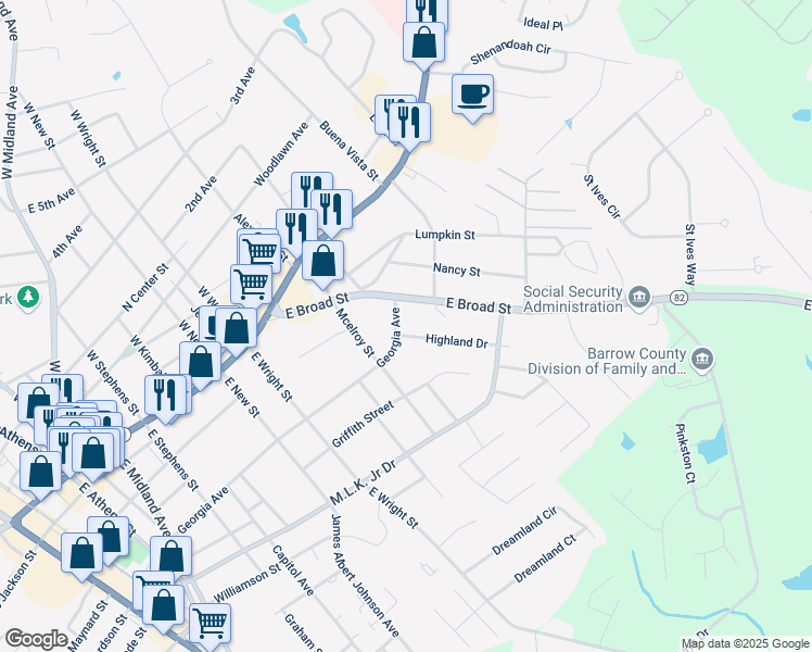 map of restaurants, bars, coffee shops, grocery stores, and more near 317 Georgia Avenue in Winder