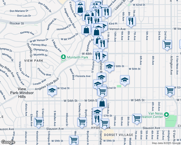 map of restaurants, bars, coffee shops, grocery stores, and more near 3456 Crestwold Avenue in View Park-Windsor Hills