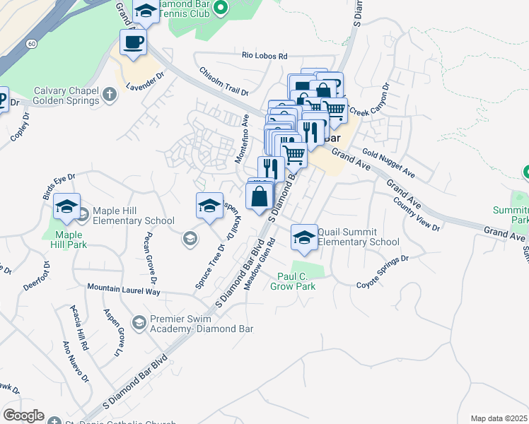 map of restaurants, bars, coffee shops, grocery stores, and more near 1377 South Diamond Bar Boulevard in Diamond Bar