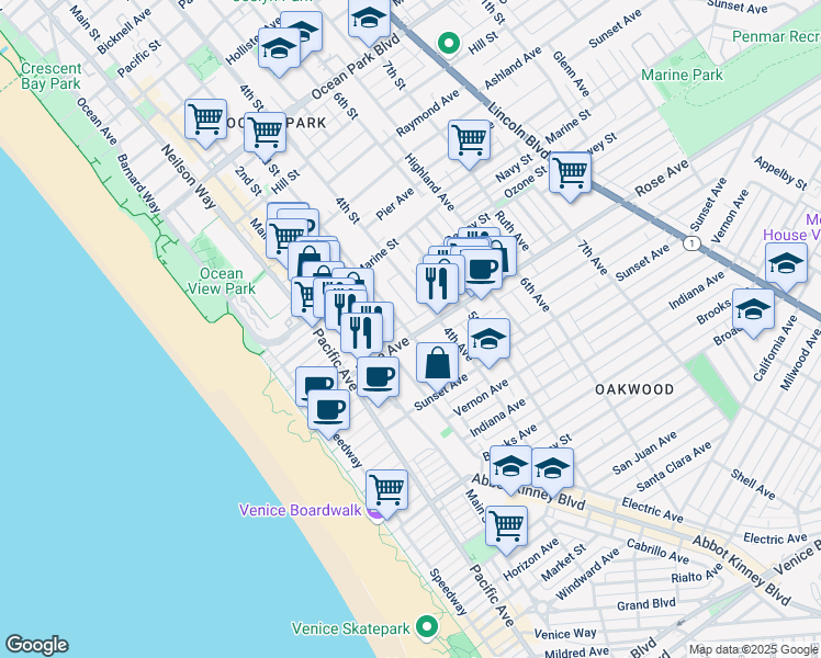 map of restaurants, bars, coffee shops, grocery stores, and more near 258 3rd Avenue in Los Angeles