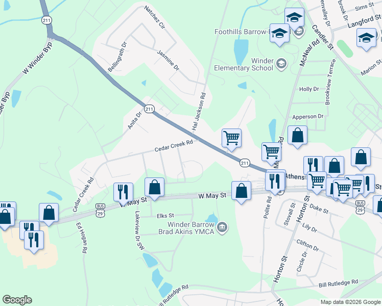 map of restaurants, bars, coffee shops, grocery stores, and more near 274 Georgia Highway 211 in Winder