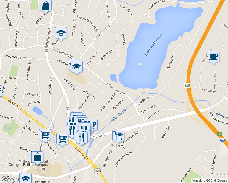 map of restaurants, bars, coffee shops, grocery stores, and more near 4848 Kilbourne Road in Columbia