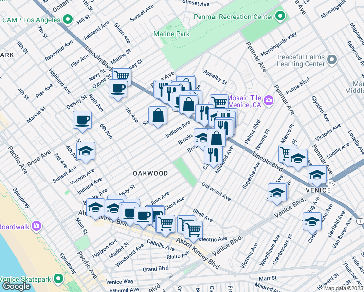 map of restaurants, bars, coffee shops, grocery stores, and more near 744 Brooks Avenue in Los Angeles