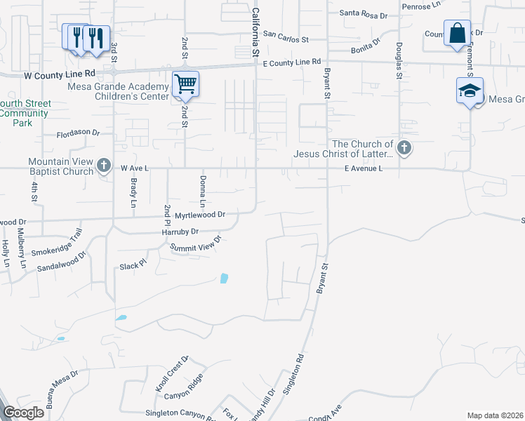 map of restaurants, bars, coffee shops, grocery stores, and more near 238 Garden Air Court in Calimesa