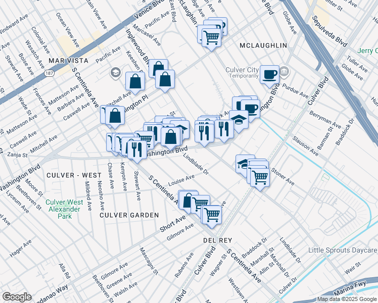 map of restaurants, bars, coffee shops, grocery stores, and more near 12044 West Washington Boulevard in Los Angeles