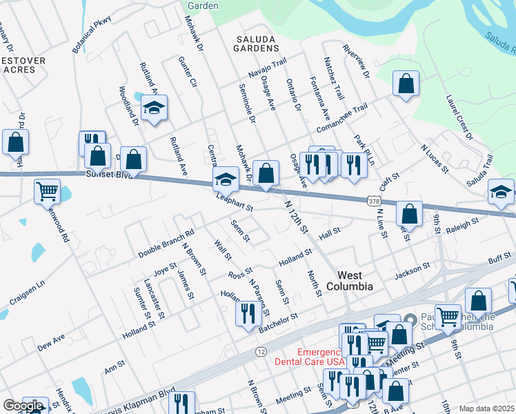 map of restaurants, bars, coffee shops, grocery stores, and more near 1324 Leaphart Street in West Columbia
