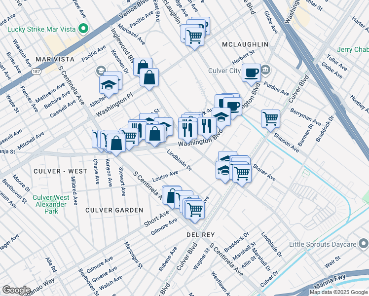 map of restaurants, bars, coffee shops, grocery stores, and more near 12000 West Washington Boulevard in Los Angeles