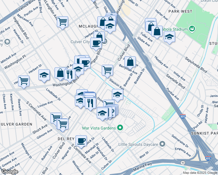 map of restaurants, bars, coffee shops, grocery stores, and more near 11802 Lindblade Street in Culver City