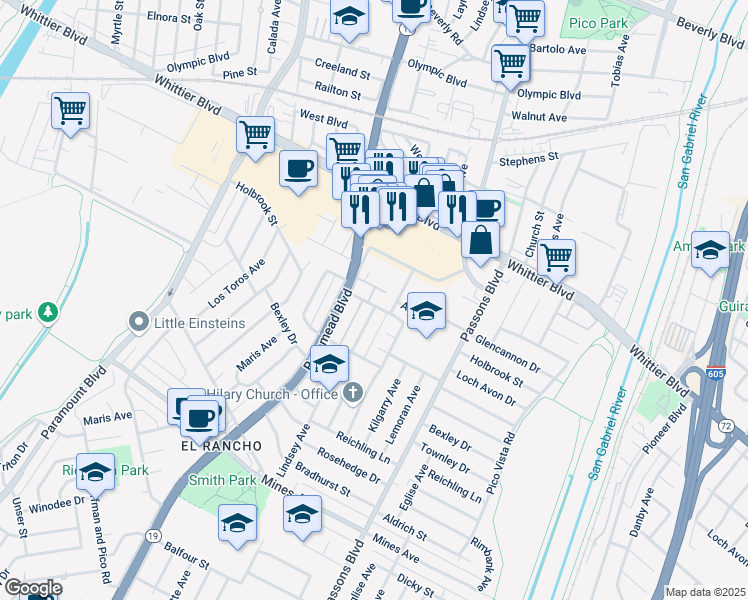 map of restaurants, bars, coffee shops, grocery stores, and more near 9071 Catherine Street in Pico Rivera