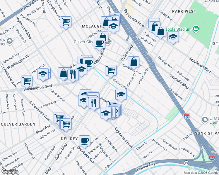 map of restaurants, bars, coffee shops, grocery stores, and more near 11801 Wagner Street in Culver City