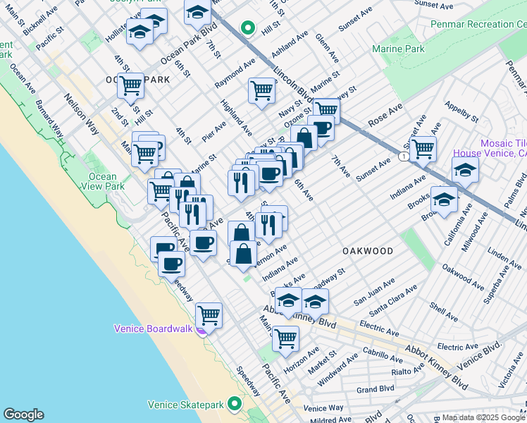 map of restaurants, bars, coffee shops, grocery stores, and more near 412 Rose Avenue in Los Angeles