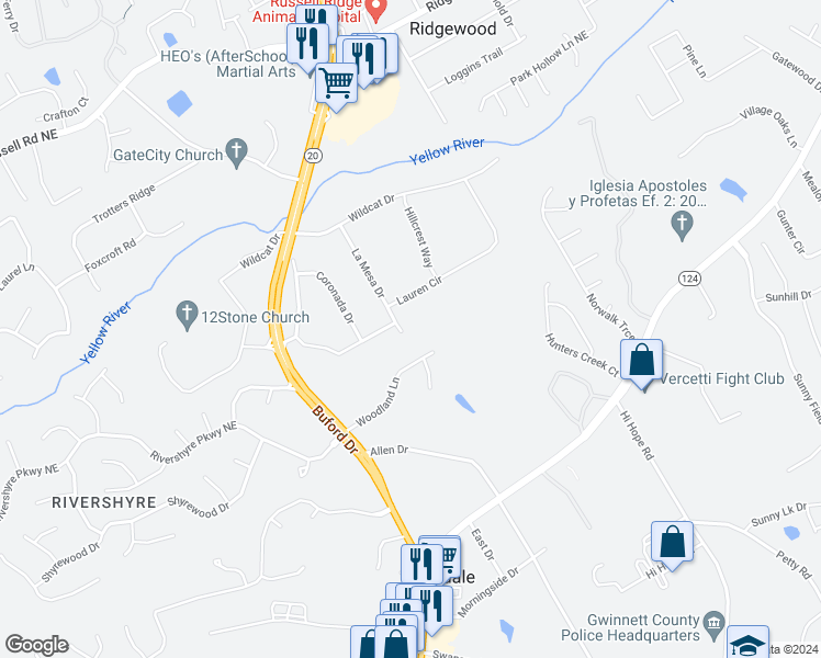 map of restaurants, bars, coffee shops, grocery stores, and more near 1203 La Mesa Drive in Lawrenceville