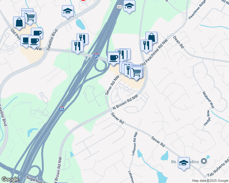 map of restaurants, bars, coffee shops, grocery stores, and more near 2393 Strand Avenue in Lawrenceville