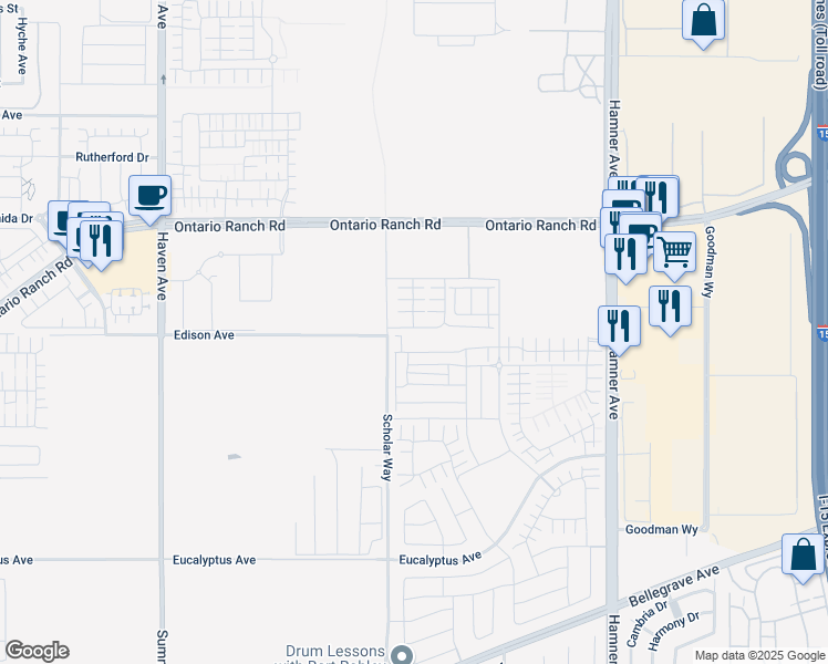 map of restaurants, bars, coffee shops, grocery stores, and more near 3930 East Crisanta Privado in Ontario