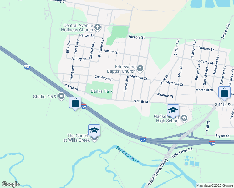 map of restaurants, bars, coffee shops, grocery stores, and more near 1832 Emanuel Avenue in Gadsden