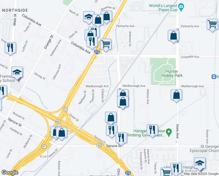 map of restaurants, bars, coffee shops, grocery stores, and more near 1760 Marlborough Avenue in Riverside