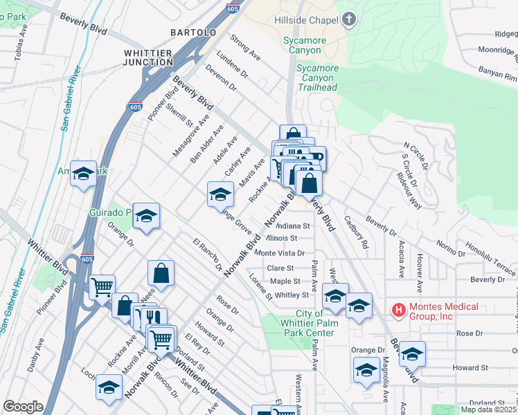 map of restaurants, bars, coffee shops, grocery stores, and more near 10729 Shire Place in Whittier