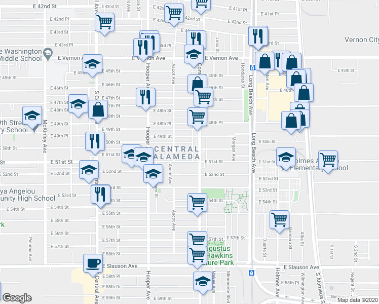 map of restaurants, bars, coffee shops, grocery stores, and more near 1454 East 50th Street in Los Angeles