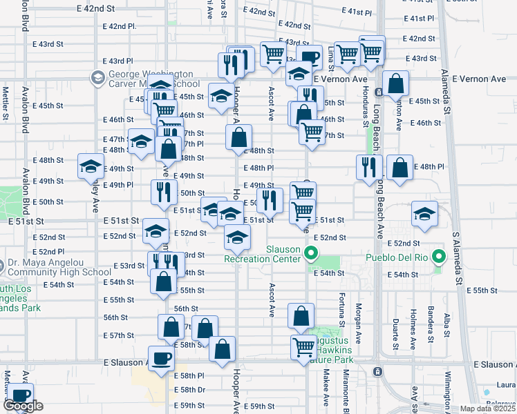map of restaurants, bars, coffee shops, grocery stores, and more near 1346 East 50th Street in Los Angeles