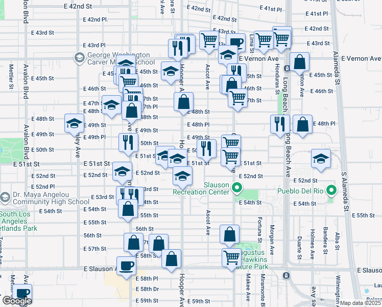 map of restaurants, bars, coffee shops, grocery stores, and more near 1346 East 50th Street in Los Angeles