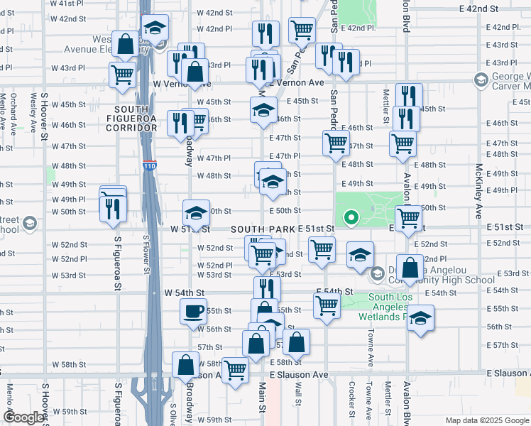 map of restaurants, bars, coffee shops, grocery stores, and more near 111 East 50th Street in Los Angeles