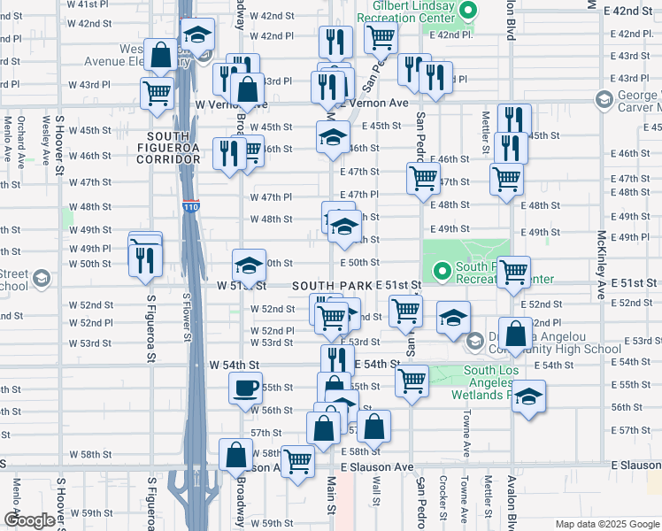 map of restaurants, bars, coffee shops, grocery stores, and more near 111 East 50th Street in Los Angeles