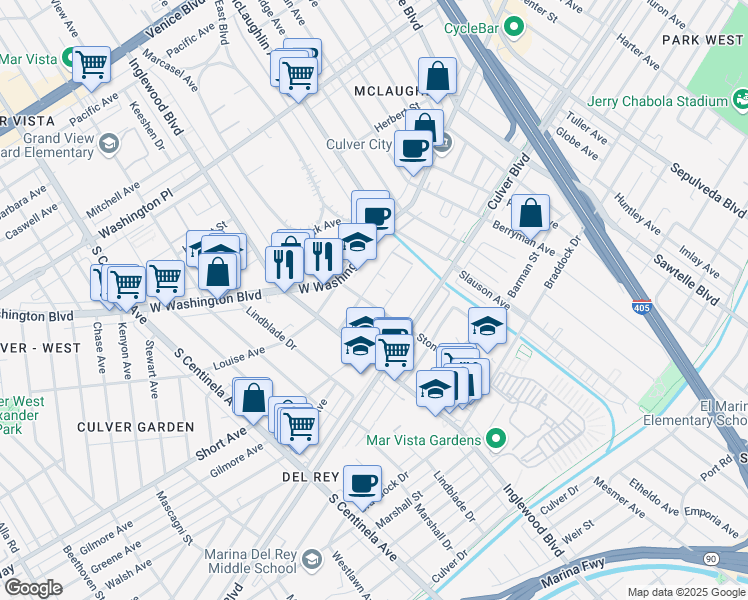 map of restaurants, bars, coffee shops, grocery stores, and more near 11823 Avon Way in Los Angeles