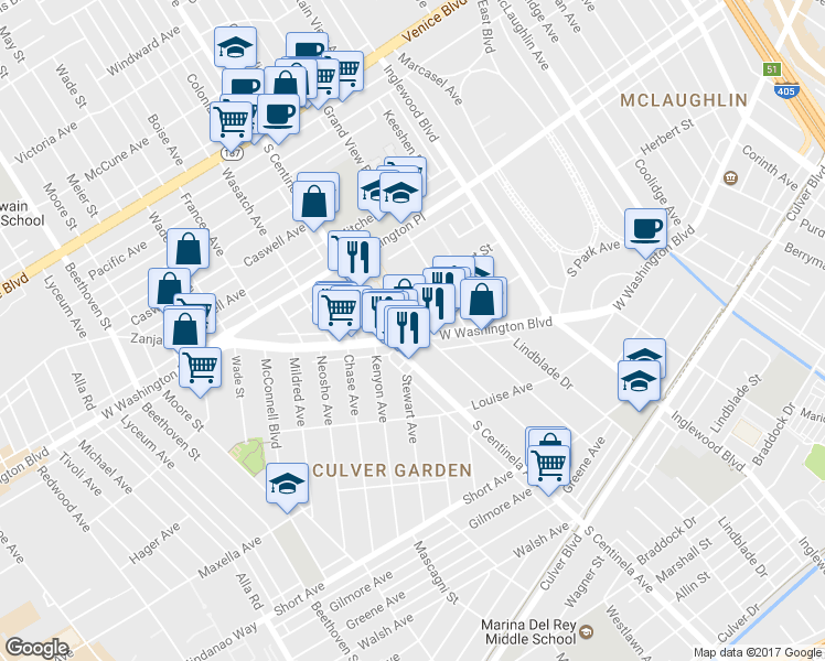 map of restaurants, bars, coffee shops, grocery stores, and more near 12404 Washington Boulevard in Los Angeles