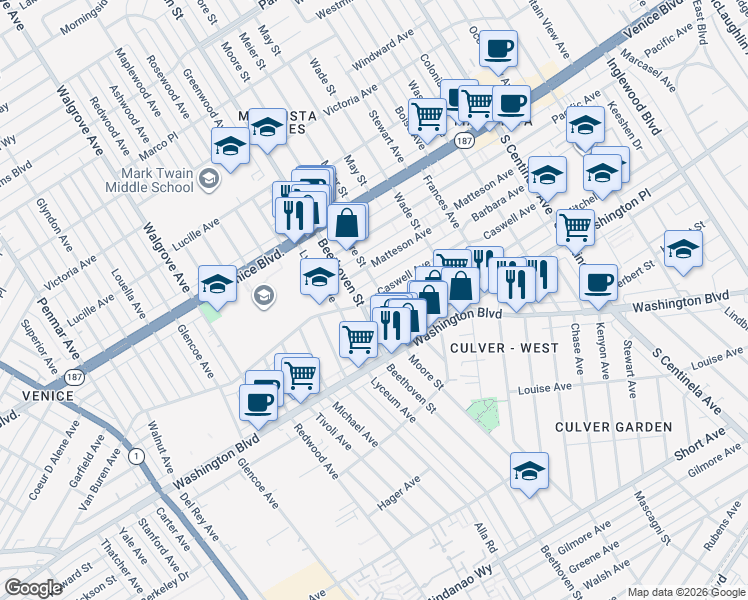 map of restaurants, bars, coffee shops, grocery stores, and more near 3939 Moore Street in Los Angeles