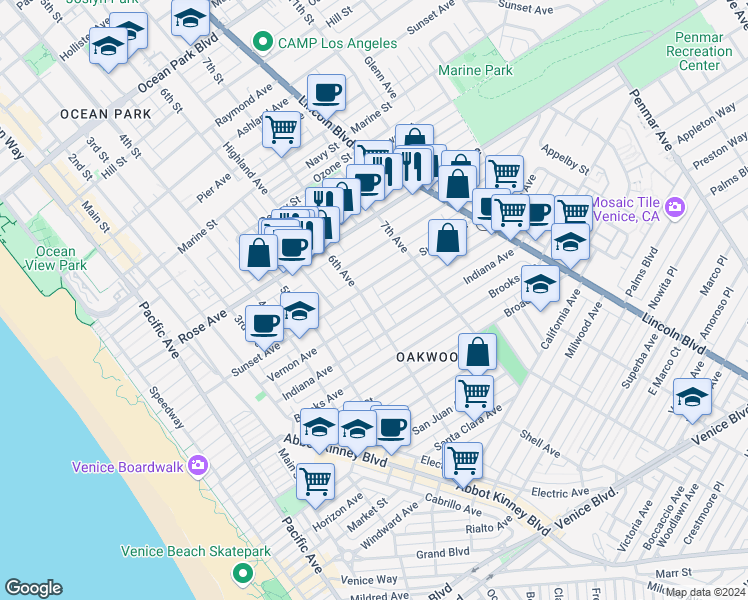 map of restaurants, bars, coffee shops, grocery stores, and more near 614 6th Avenue in Los Angeles